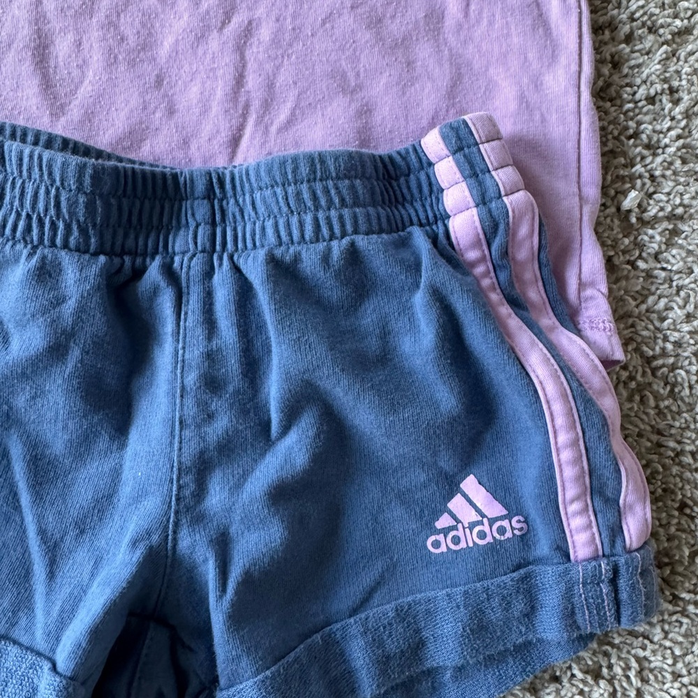 Adidas Toddler Girl Outfit – Purple Tee & Blue Shorts Graphic Tee – Size 2T - Picture 3 of 6